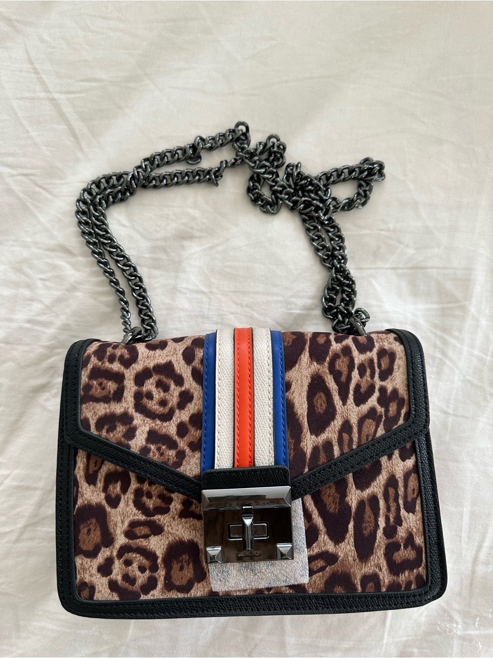 Aldo Leopard Print Crossbody with Blue, White & Orange Stripe